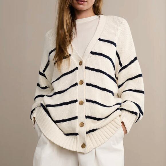 Jenni Kayne Oversized Ivory Navy Stripe Cardigan Button V-Neck Cotton Sweater M